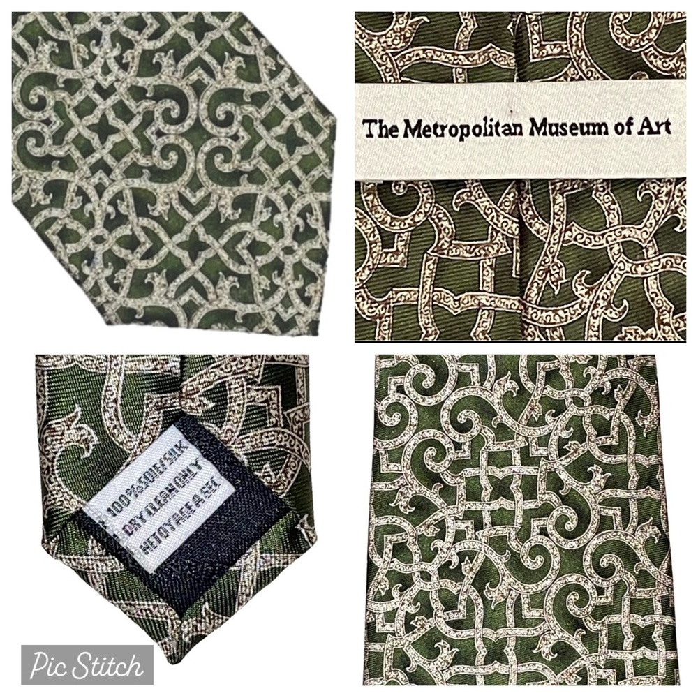 Metropolitan Museum of Art Silk Tie Mottled Green and Taupe Arabesques EUC